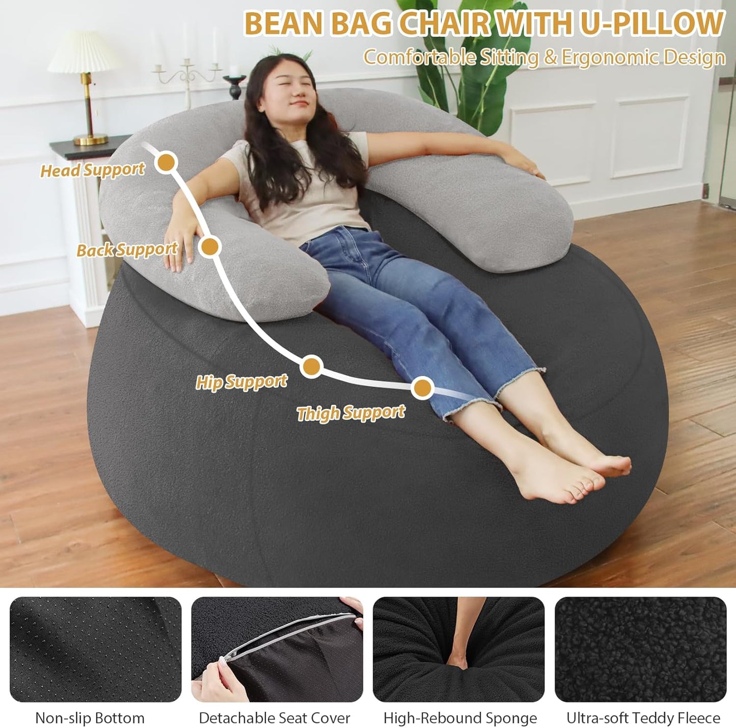 HABUTWAY Bean Bag Chair with U-Shaped Pillow for Adult and Kids Big BeanBag Chair with Filling Ultra Soft Teddy Fleece Couch Chair with Washable Cover for Living Room Bedroom, Dark Grey & Light Grey