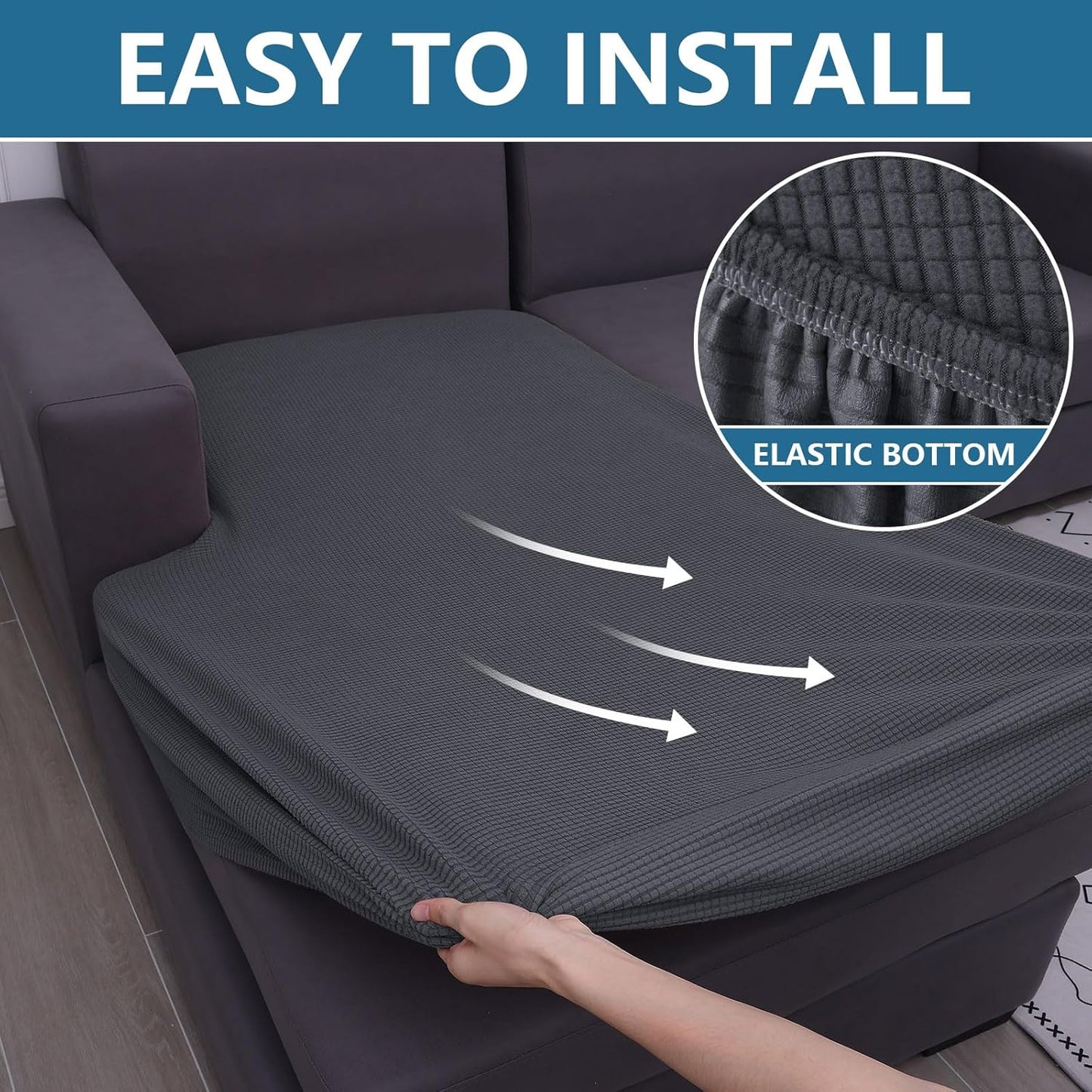 hyha Waterproof Sectional Couch Covers, Non Slip Sofa Couch Cushion Covers L Shape, Thick Stretch Jacquard Fabric, Washable Sofa Slipcovers with Elastic Bottom (1 Piece for Chaise XL, Grey)