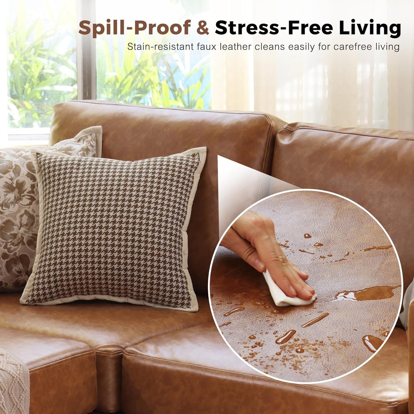 ABCASA 118.5" Faux Leather Modular Sectional Sofa, L Shaped Couch Set for Living Room, 6-Seater Comfy Cloud Couches with Movable Storage Ottoman Brown