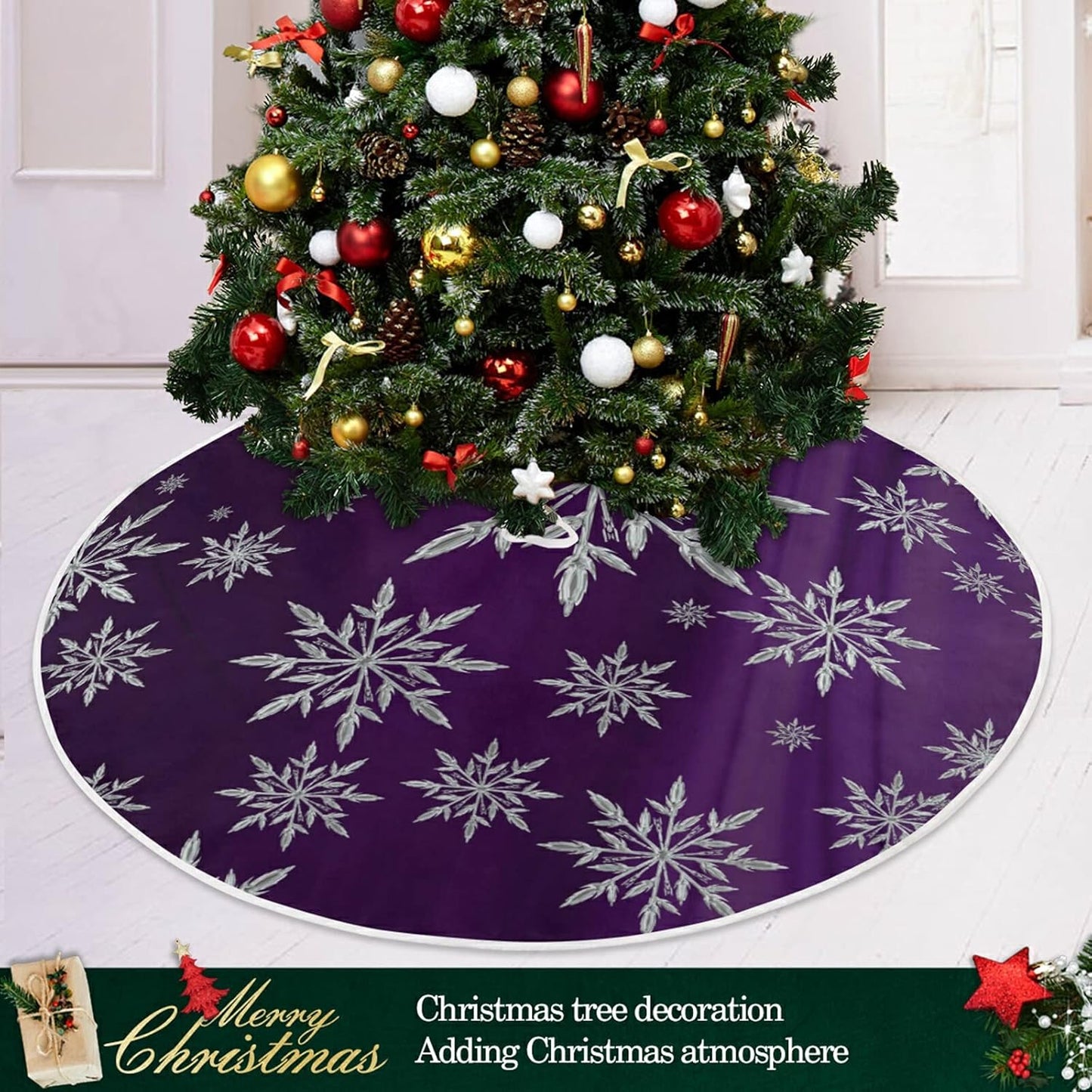 Christmas Snowflake Purple Tree Skirt, Seasonal Tree Mat Holiday Party Supplies Ornaments Indoor Outdoor Decorations for Tabletop Trees 35.4 Inches