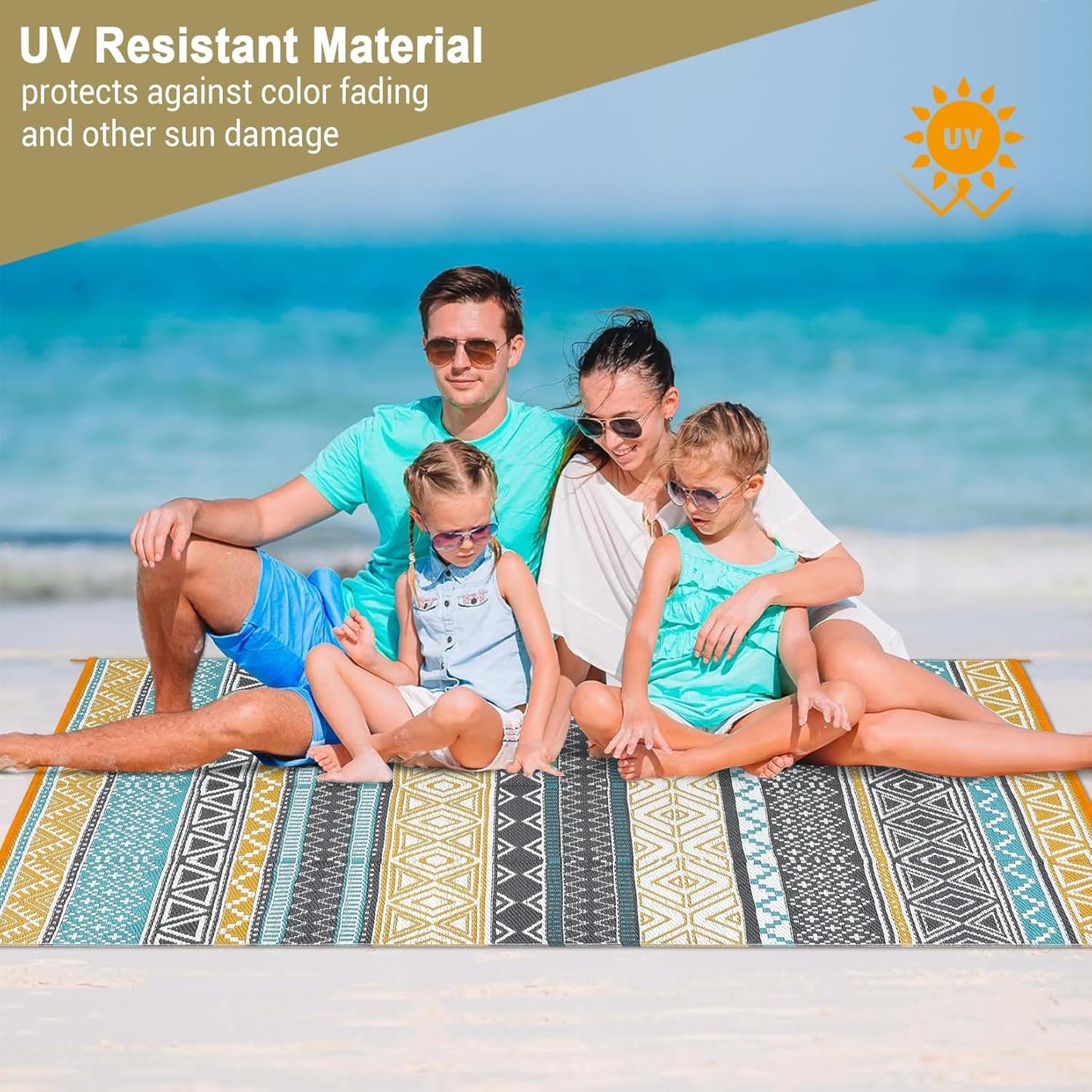 GAOMON Outdoor Plastic Straw Rug, 10'x20' Reversible Sage Green Patio Mat, Flower Modern Design for RV, Backyard, Deck, Camping, Picnic, Teal/Yellow(Bohemia)