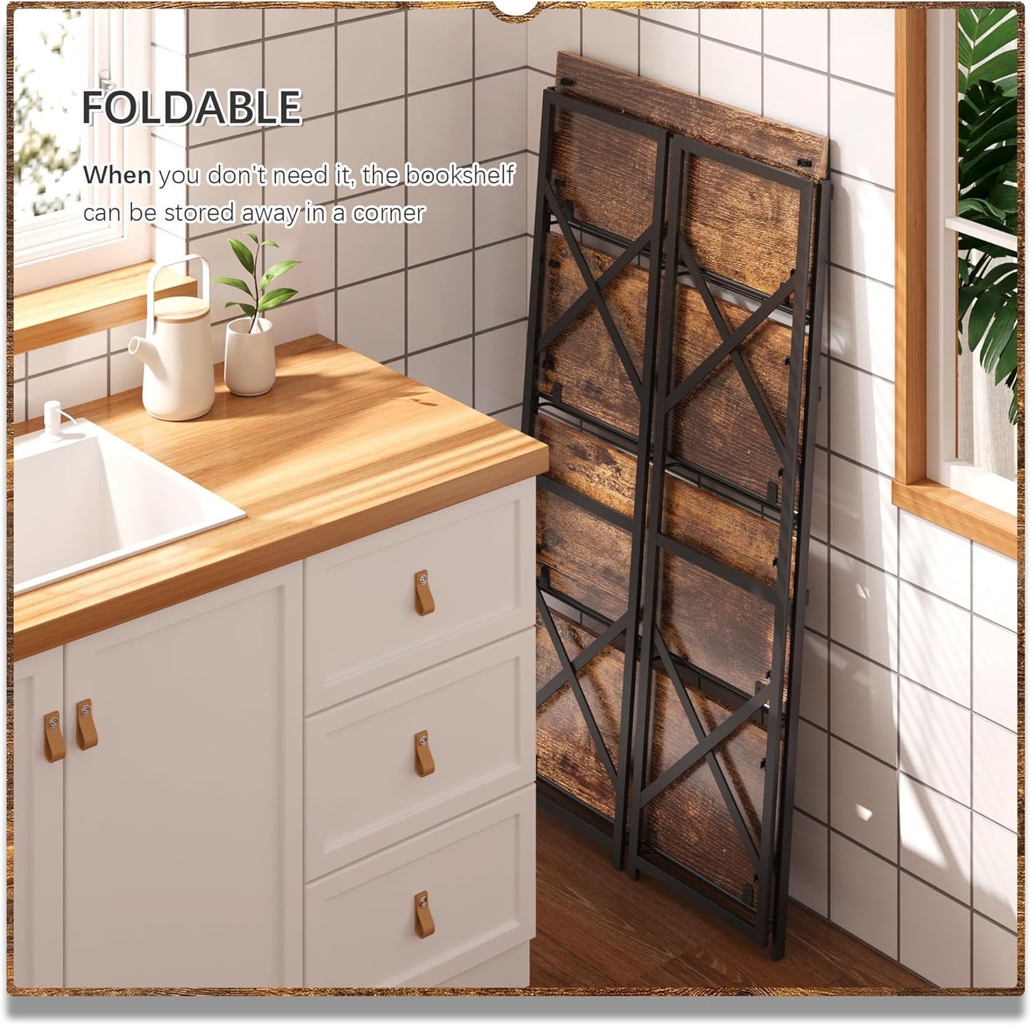 4NM 4 Tiers No Assembly Book Shelves, 41.3" H Folding Bookshelf Bookcase Open Industrial Foldable Shelves for Bedroom, Living Room, Home Office - Rustic Brown Black