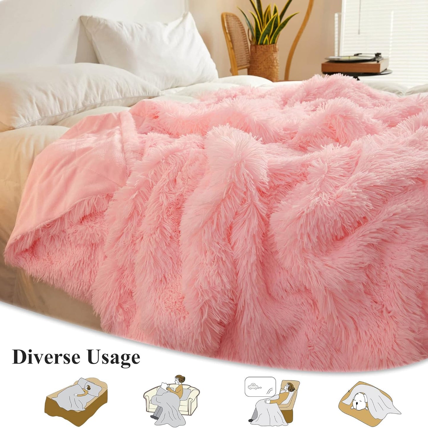 XeGe Fluffy Faux Fur Throw, Pink Luxurious 50x60 Shaggy Blanket, Warm Soft Fuzzy Couch Throw for Girls, Furry Lap Blanket for Sofa Bed Office Lightweight, Pink