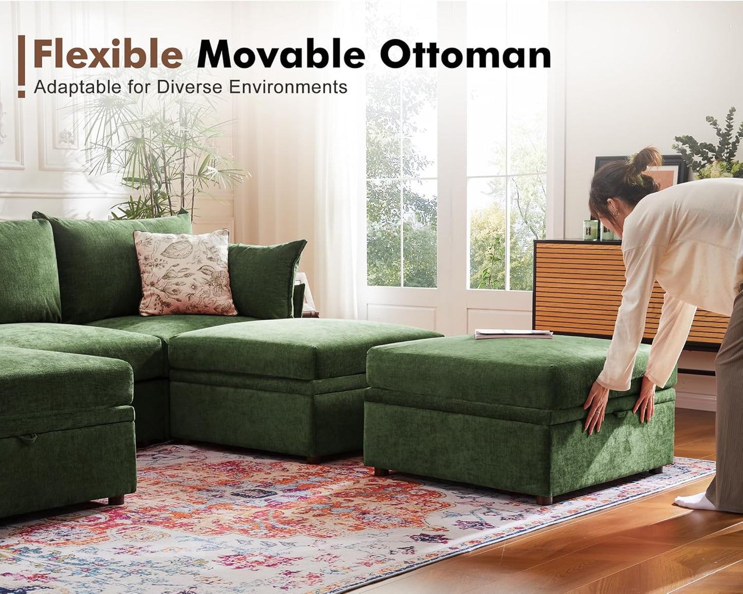 134.6" Oversized Modular Sectional Sofa, 6 Seater U Shaped Couch with Storage Ottoman with Reversible Chaise Deep Seat for Living Room, Apartment - Chenille Green