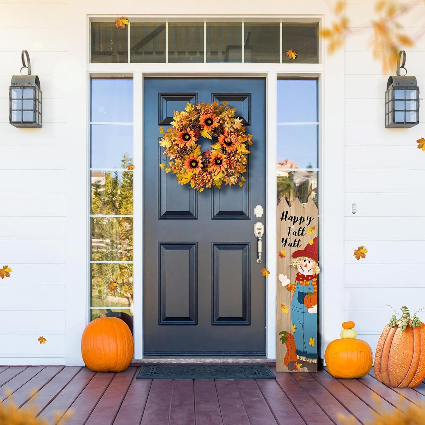 Glitzhome 24'' Fall Wreath for Front Door Decor, Artificial Autumn Orange Wreath with Sunflower, Maple Leaf and Berry Ornament for Wall Fireplace Farmhouse Thanksgiving Day Harvest Festival Decor