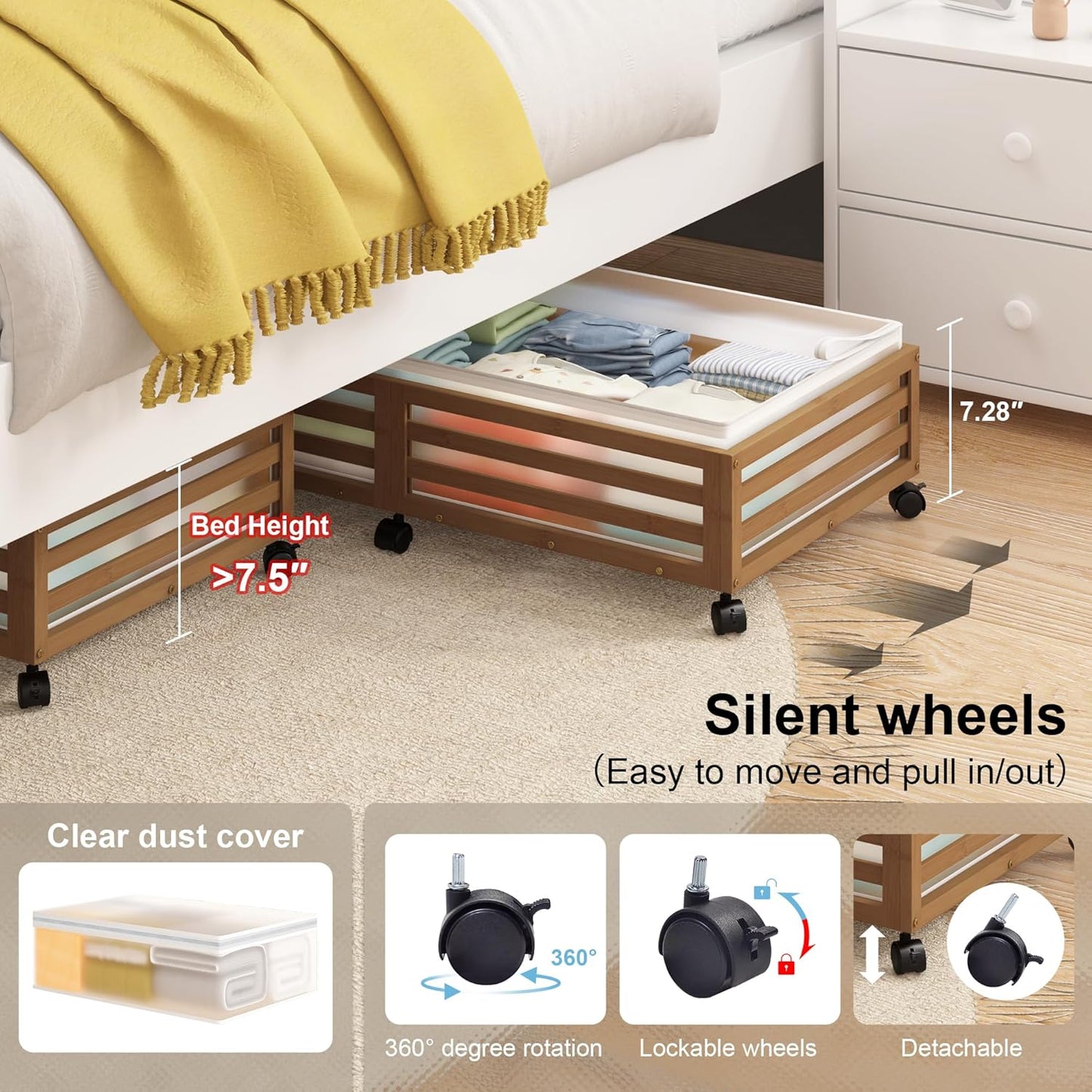 Under Bed Storage Containers With Wheels - 2 Pcs Large Bamboo Wood Rolling Underbed Shoe Storage Bins With Dust Bags for Clothes Blankets, Duvet Covers Snacks Toys (Walnut)