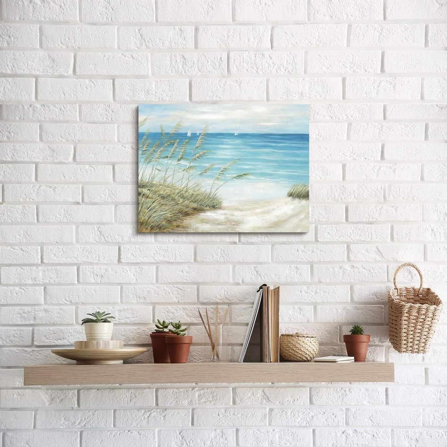 Beach Sea Canvas Wall Art: Seaside Coastal Reed Painting Blue Ocean Nautical Picture Modern Minimalist Seascape Grass Path Artwork Decor for Living Room Bedroom
