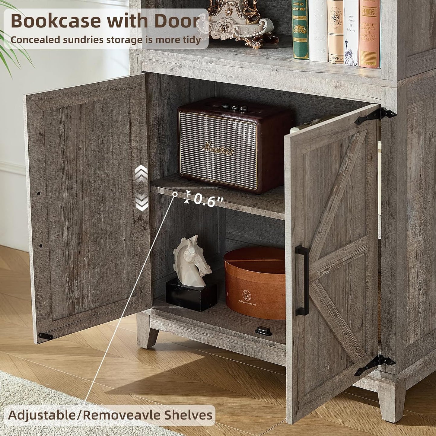 70in Tall Bookshelf 5 Tier Bookcase with Barn Doors and Adjustable Shelves, Grey Farmhouse Book Shelf with Storage Cabinet, Wood Freestanding Display Bookshelves for Bedroom, Living Room