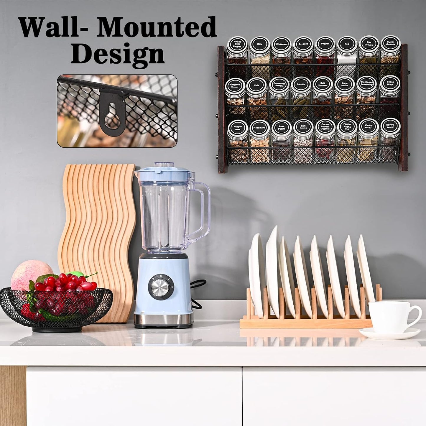 Spice Rack Organizer for Cabinet, Spice Organizer with 24 Empty Spice Jars, 180 Spice Labels, Wooden Spice Jar Organizer, Seasoning Organizer for Cabinet Kitchen, Pantry, Countertop or Wall Mount