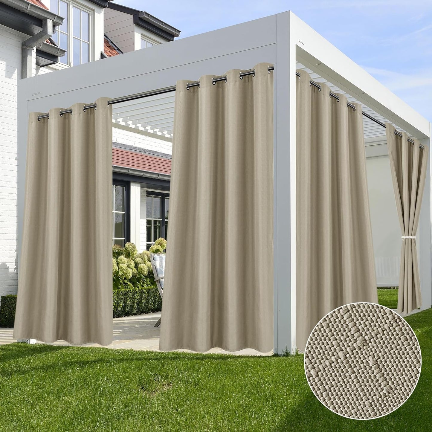 HolidayIdeas 4 Panels Linen Outdoor Curtains for Patio Waterproof Taupe Outside Curtains 108 inch Long-Gazebo Curtains Weighted Weatherproof, Privacy for Pergola, Porch, Living Room, Bedroom 54"x108"