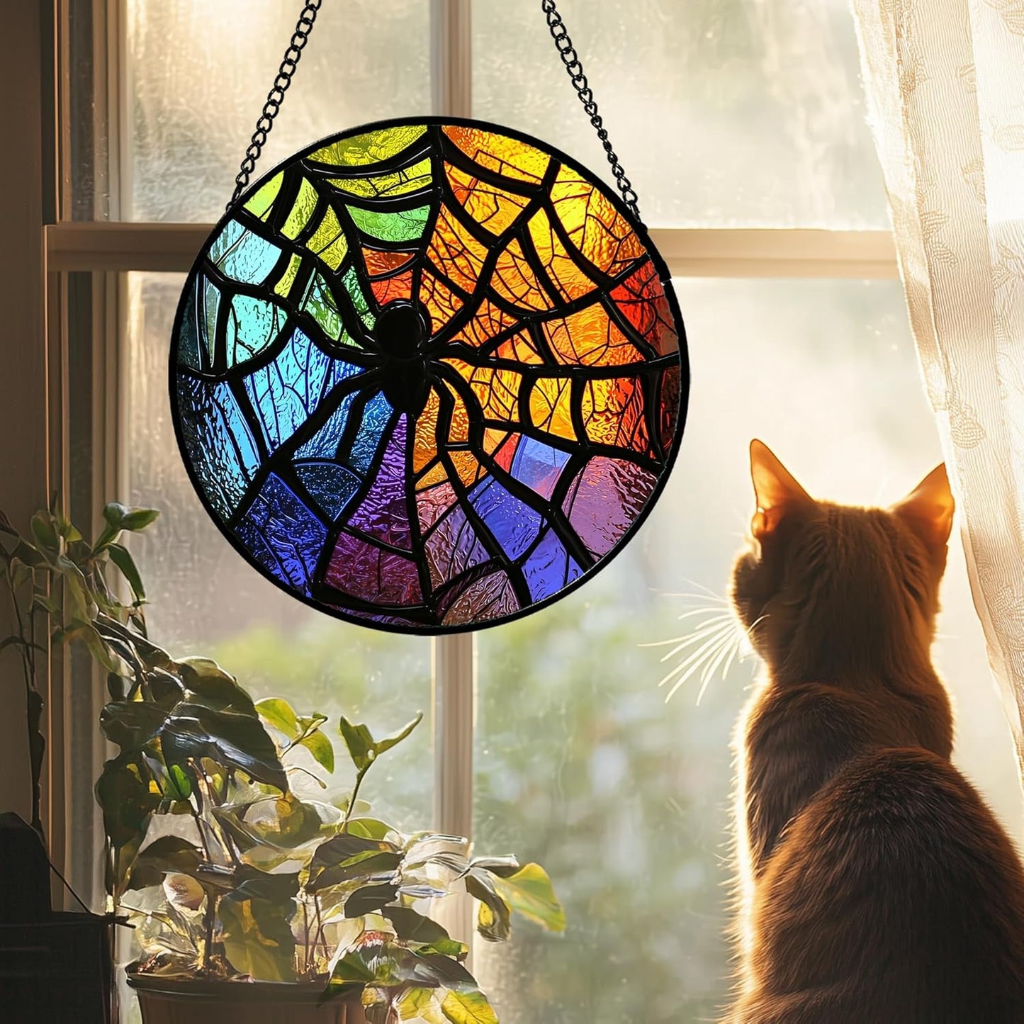 Stained Glass Suncatcher, Colorful Spider Sun Catcher Black Insect Stain Glass Window Hanging Decoration Mother's Day Birthday Gifts for Women Men Mom Nana 11.8 in