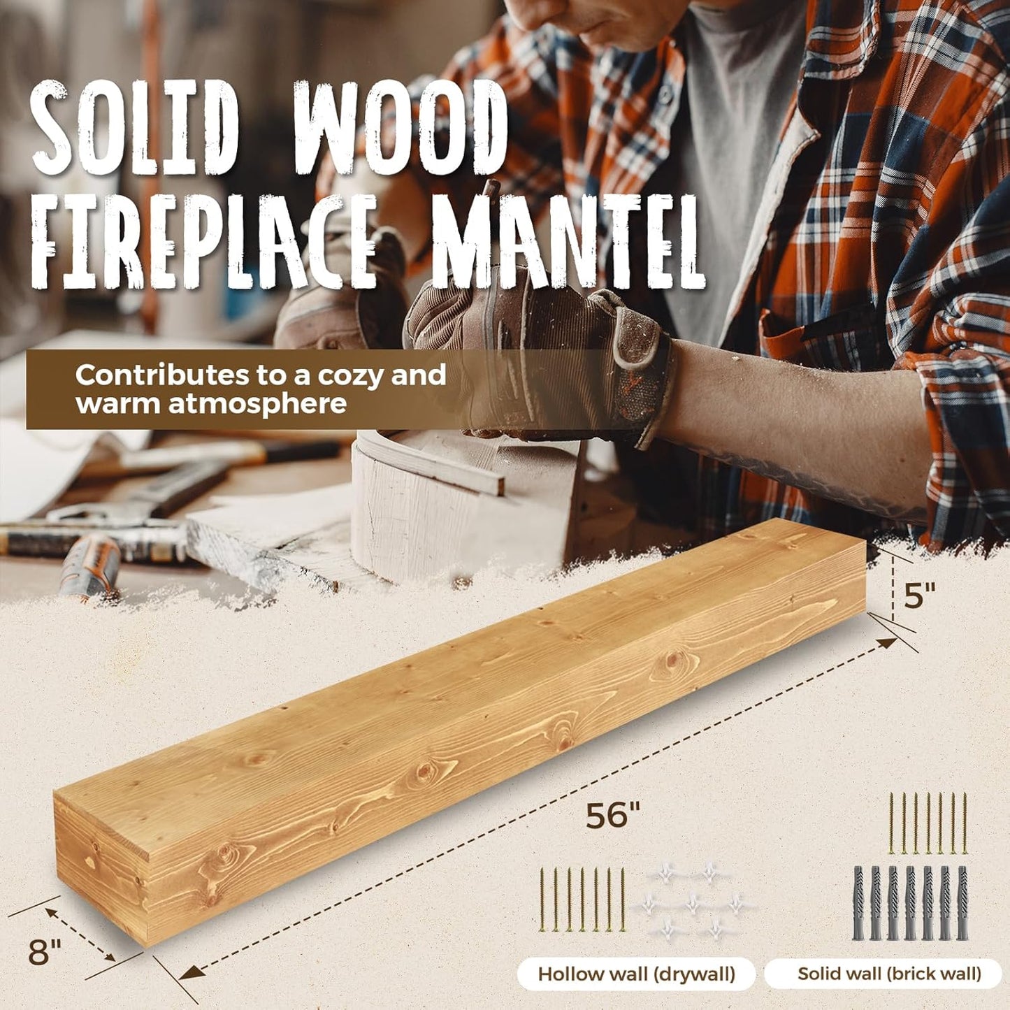 56x8x5 Fireplace Mantel - Handcrafted Rustic Solid Wood Wall Mounted Floating Shelf