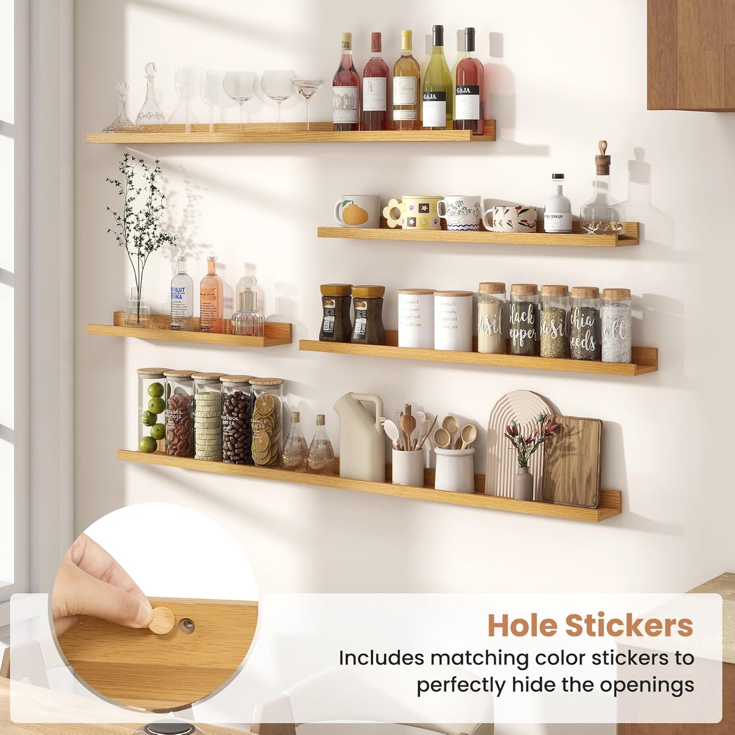 Fun Memories Picture Ledge Shelves Set of 2, 32 Inch Rustic Wall Mounted Floating Shelves with Lip for Home Storage and Décor in Bathroom, Kitchen, Nursery, Bedroom, Living Room, Oak