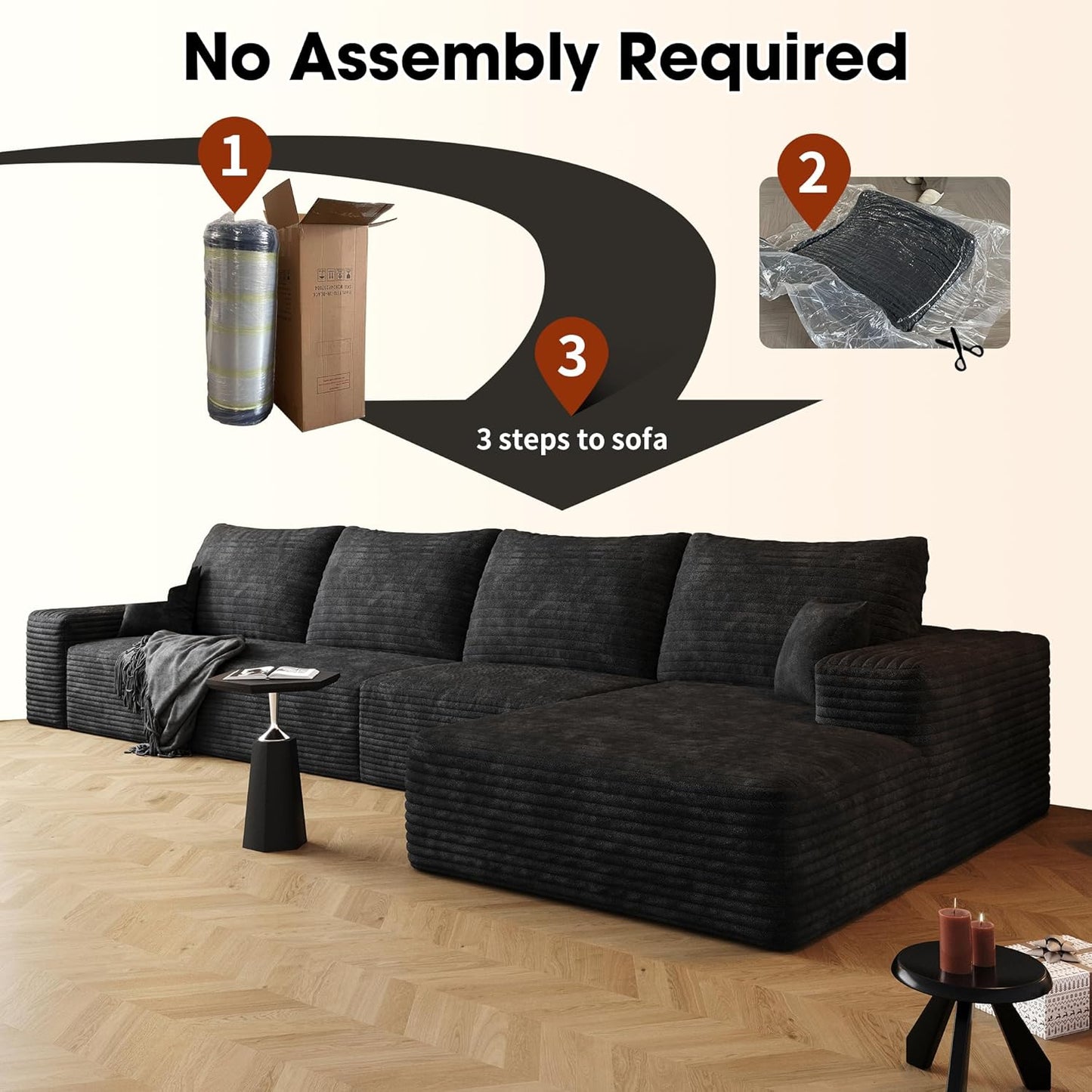 136" Sectional Couches for Living Room Modern Modular Sofa with L-Shape Couchs Upholstered Boneless Couch Deep Seat Sectional Couch with Chaise (Black, Right Facing Chaise+3Seaters)