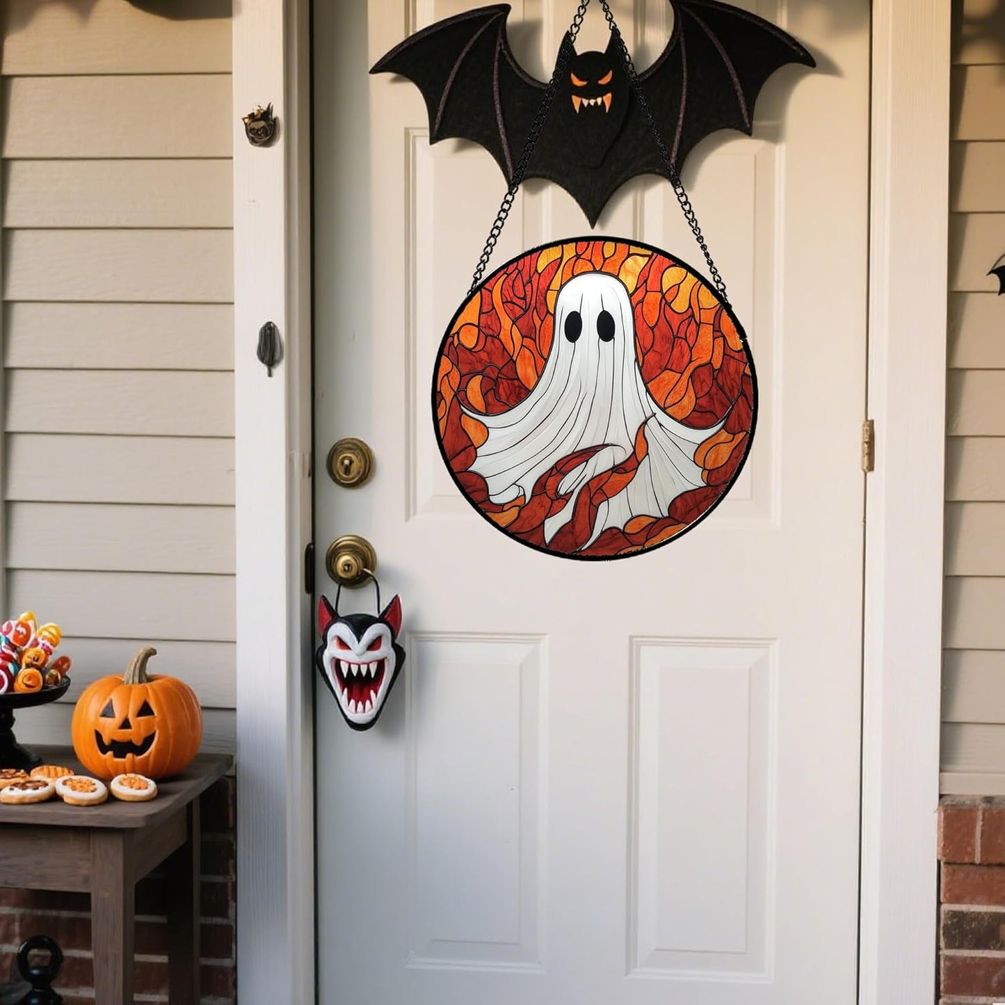 Stained Glass Window Hanging - Halloween Decorations White Ghost Orange Sky Suncatcher for Doors Garden Funny Spooky Sun Catchers Gothic Decor Horror Gifts for Women Men Friend Boy 15 in