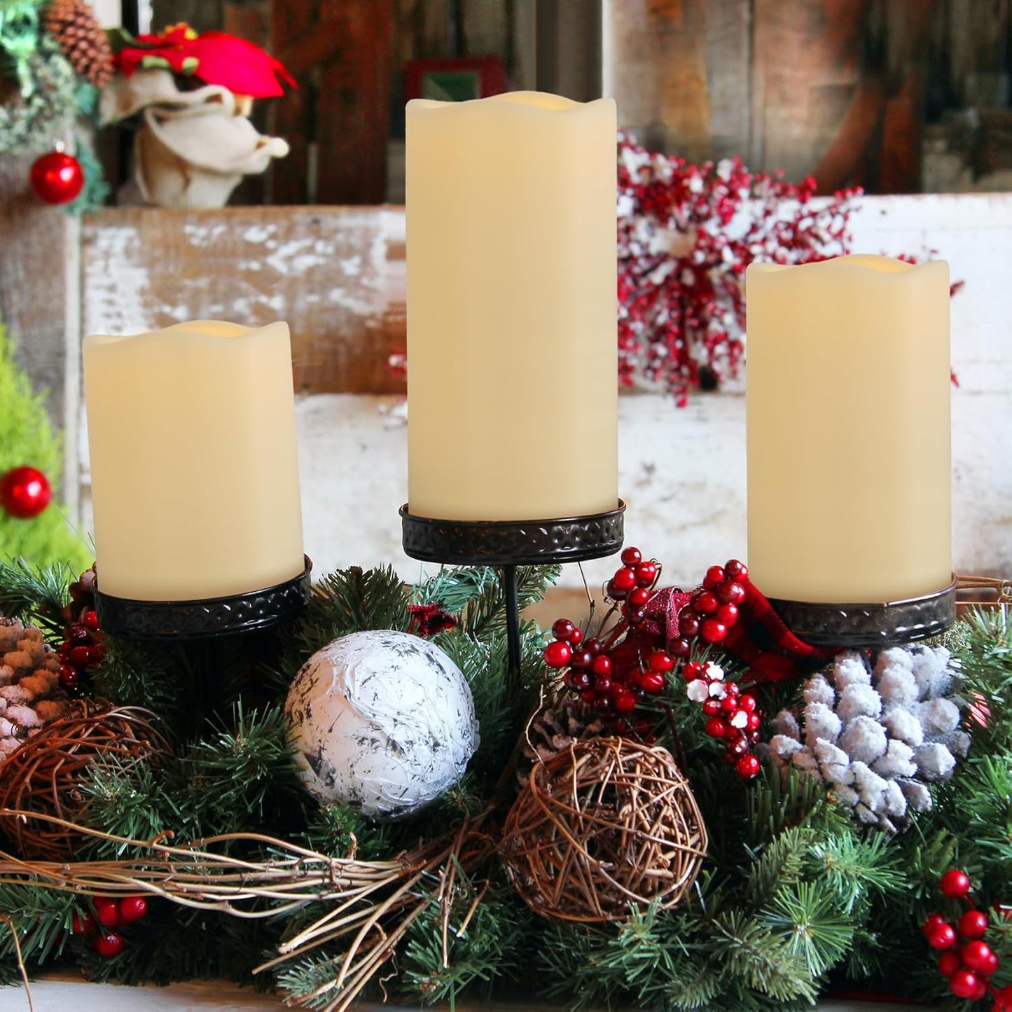 Battery Operated Candles Flickering Flameless Candles with Remote and Timer, Waterproof Outdoor LED Pillar Flameless Candles for Home Wedding Decor, Ivory Plastic, D 3" x H 4" 5" 6"