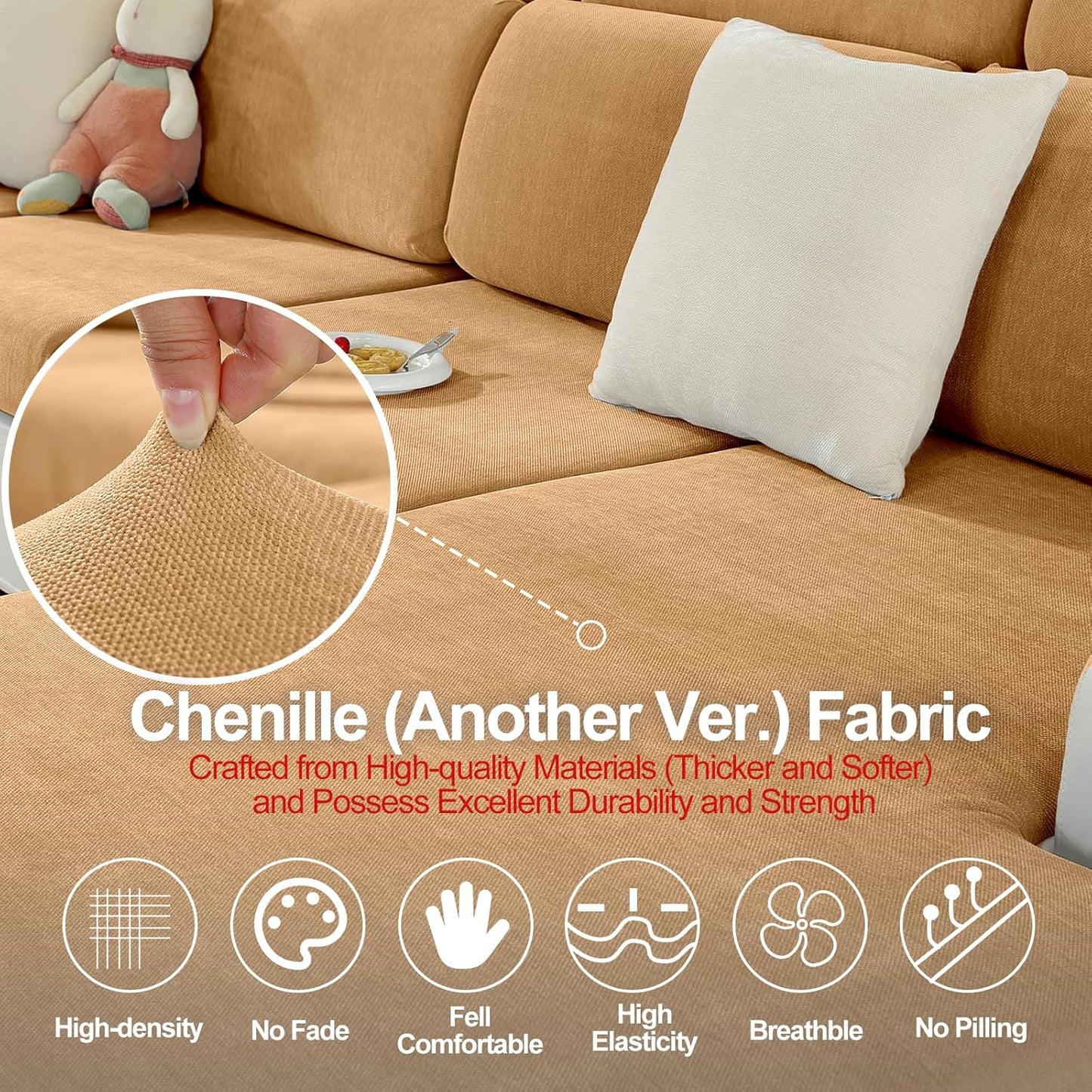 Couch Cushion Covers Individual Large Super Stretch Chenille (Softer Version) Sofa Cushion Covers, Couch Seat Covers Couch Slipcovers Furniture Protector (2PC, Khaki)