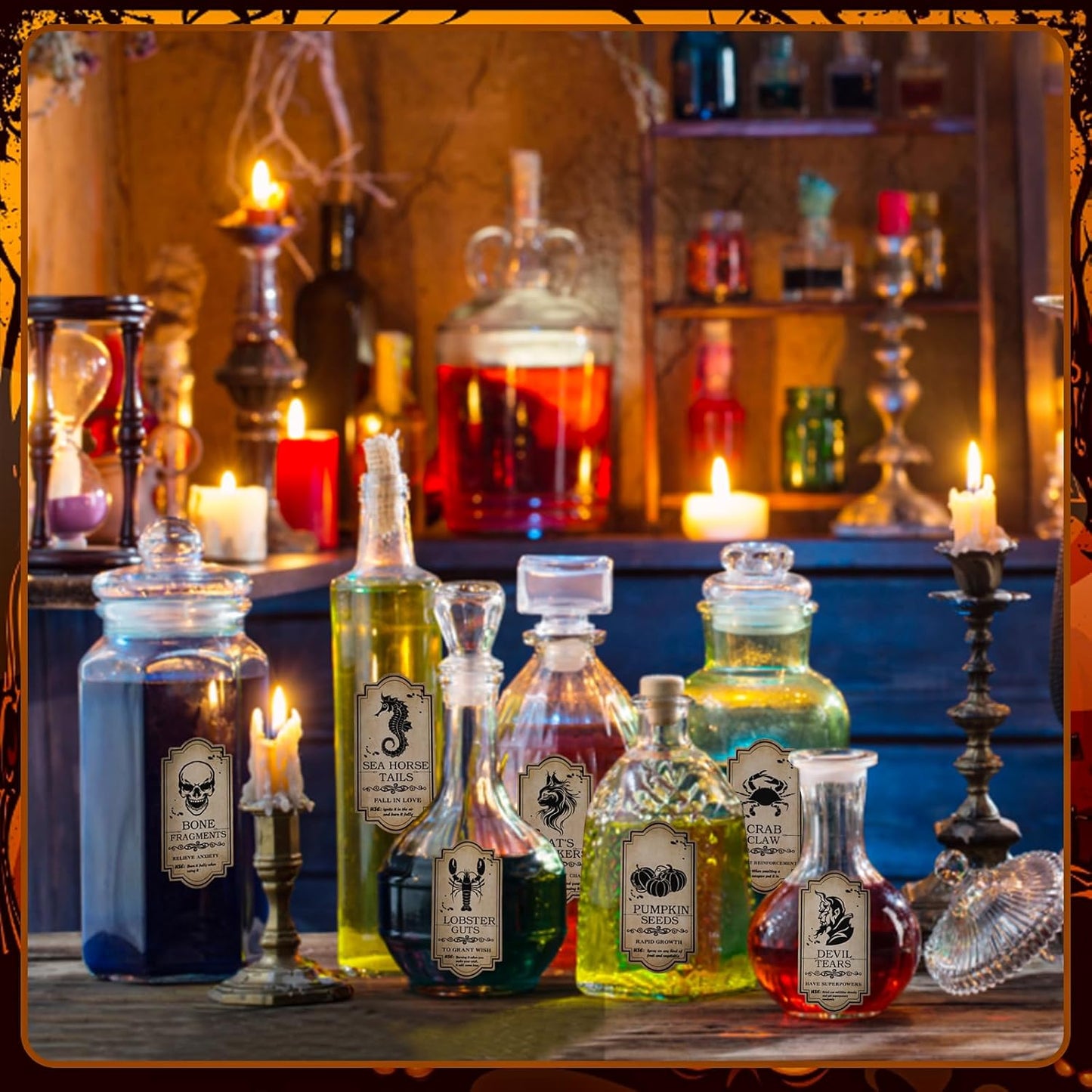 KIMOBER 144PCS Halloween Bottle Labels, Assoeted Vintage Laminated Animal Apothecary Potion Bottles Stickers for Halloween Party Supplies Photo Props