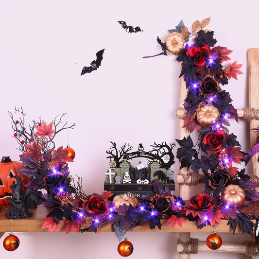 SHareconn 6FT Halloween Garland with Purple Lights Battery Operated and Timer, Pre-Lit Black Red Maple Leaves Lighted Garland Decorations for Fireplace Mantle Centerpiece Indoor Outdoor Decor, 6 FT