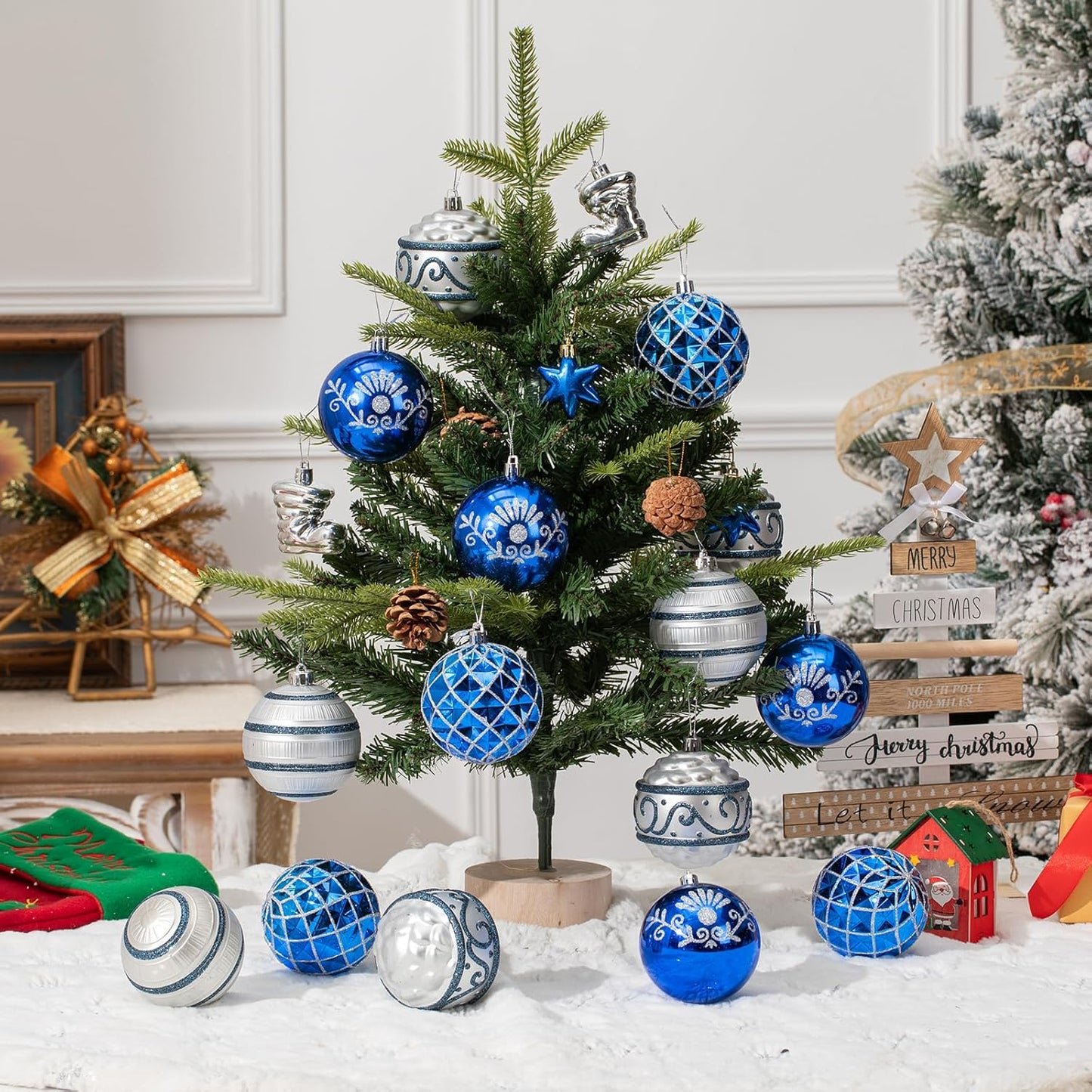 150PCS Blue and Silver Christmas Ornaments, Shatterproof Christmas Ball Ornaments Set, Assorted Christmas Baubles Hanging Decorations for Xmas Tree Home Festival Party Wedding (Blue & Silver)