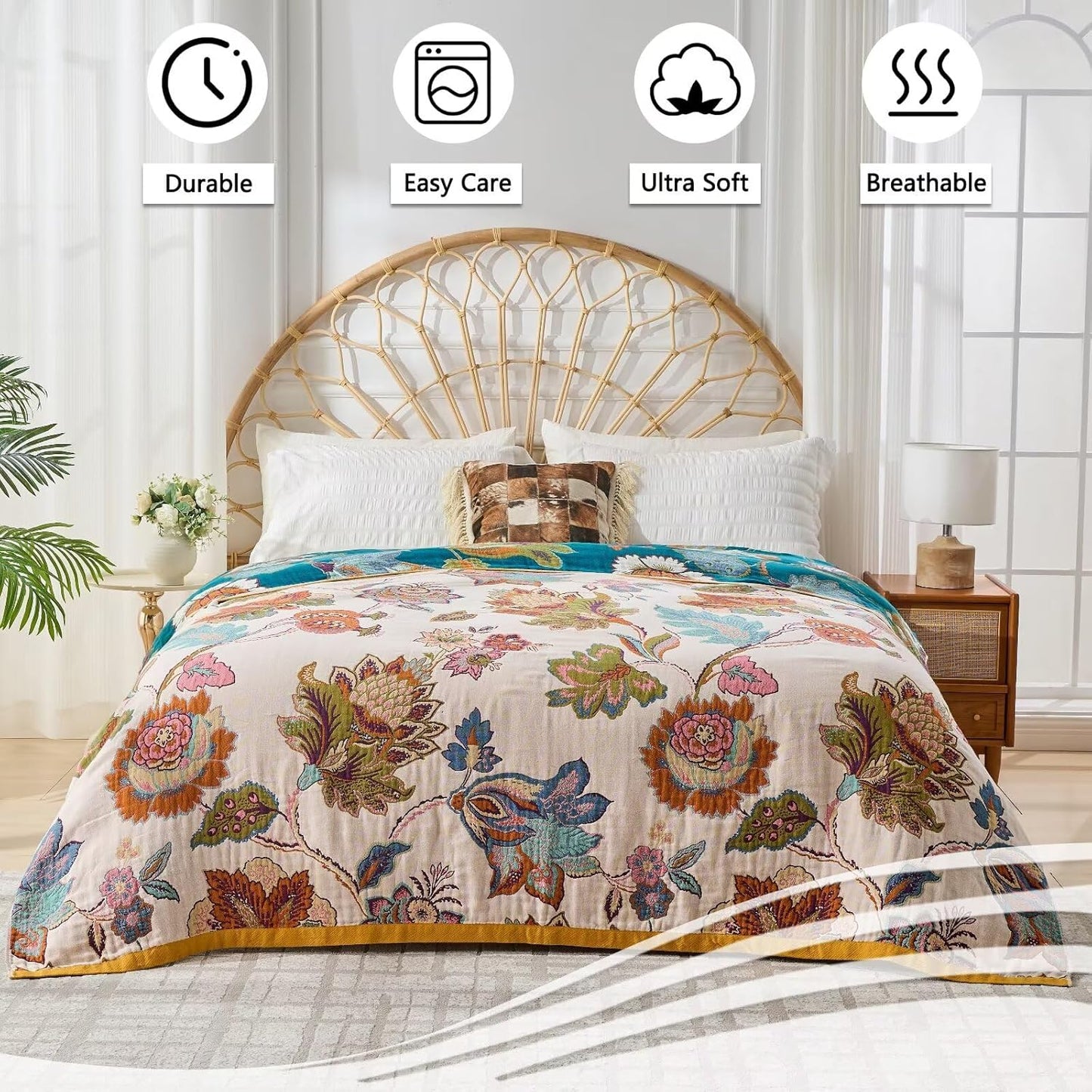 Summer Boho Throw Blanket for Bed, Multi Reversible Blanket Washable Breathable,Lightweight 4-Layer King Size Quilt for Bed,Floral Birds, 100% Cotton Muslin Large Travel Throw Blanket,90"x98"