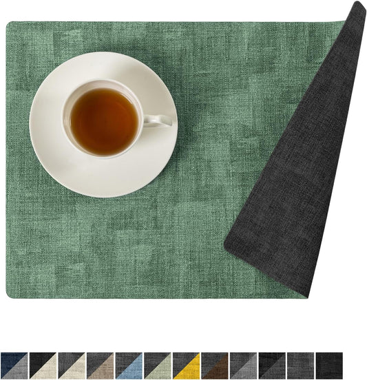 Romanstile Reversible Vinyl Placemats Set of 4, Faux Leather 100% Waterproof Oil-proof Wipeable Place Mats, Heat Resistant Dual Sided Table Mats for Kitchen/Dining/Party (Grey DarkGreen, 12 x 17 Inch)