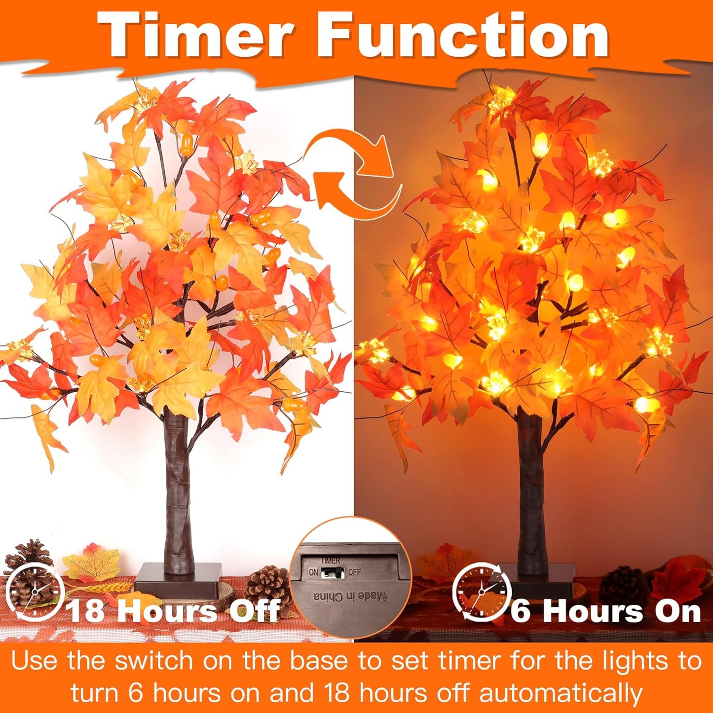 2 Pack 24 Inch Prelit Fall Maple Tree Fall Decor with 48 LEDs Timer Battery Operated Artificial Fall Light Up Tree Maple Acorn for Fall Thanksgiving Decorations Table Home Office Indoor Autumn Harvest