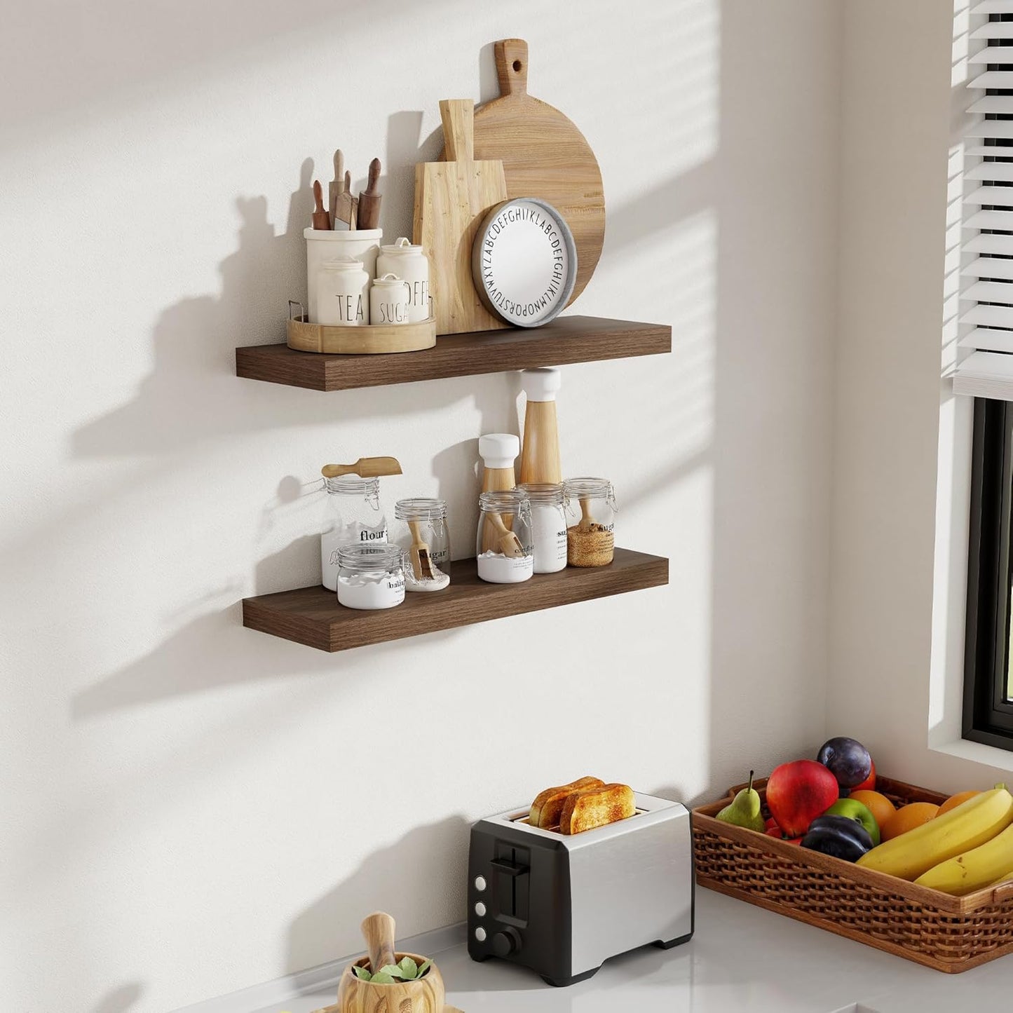 24 Inch Floating Shelves, 8 Inch Deep Floating Shelves for Wall, Hanging Shelf with Invisible Brackets, Deep Shelves for Bathroom, Bedroom, Living Room, Walnut, Set of 2