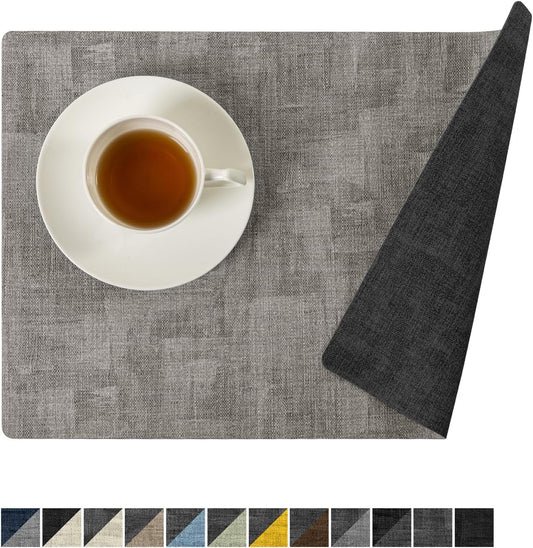Romanstile Reversible Vinyl Placemats Set of 4, Faux Leather 100% Waterproof Oil-proof Wipeable Place Mats, Heat Resistant Dual Sided Table Mats for Kitchen/Dining/Party (Grey Light Grey, 12 x 17 Inch