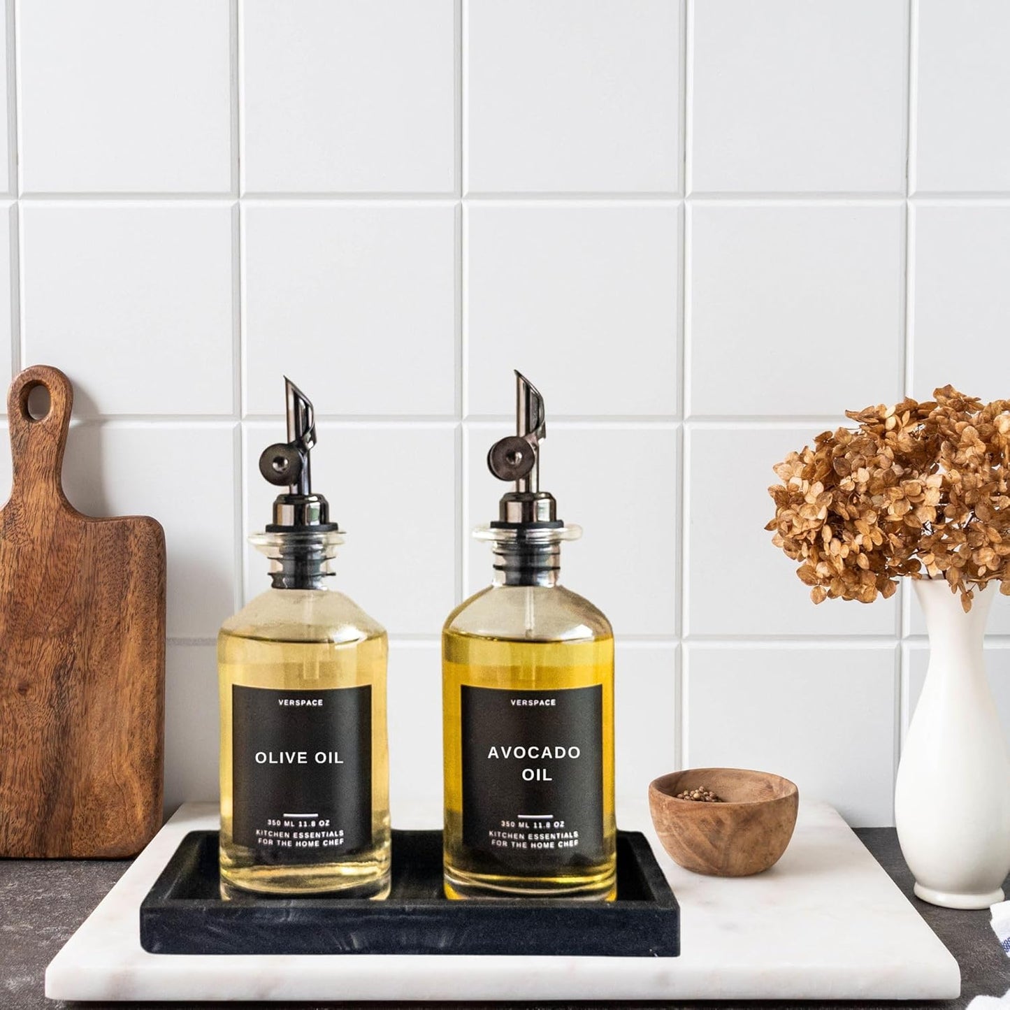 Olive Oil Dispenser Set With Silicone Tray & 40 Labels - 2 Black Bottles (500ml / 17oz) for Kitchen, Soy Sauce, Coffee Syrup