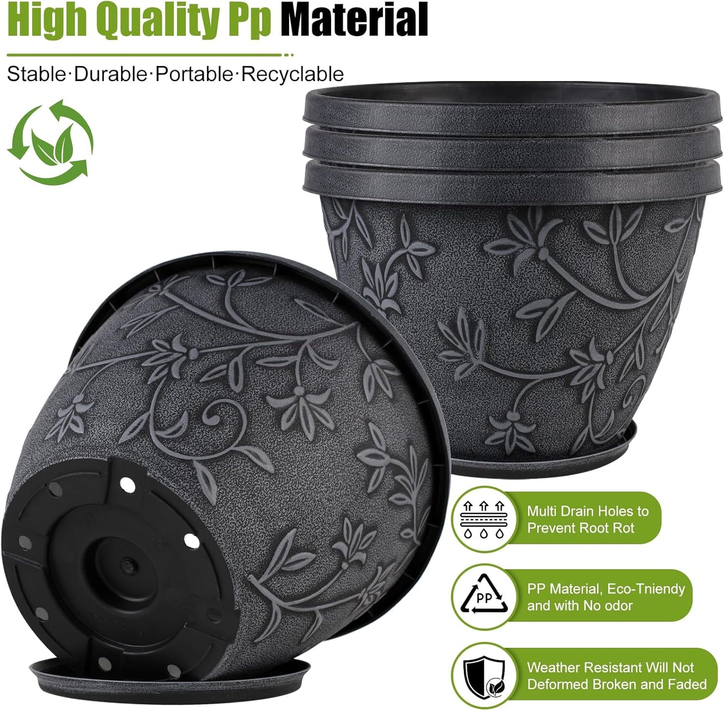 4 Pack 10 Inch Plant Pot for Outdoor Indoor, Plastic Flower Pots with Drainage Hole & Saucer, Lightweight Small Resin Flower Pot, Imitation Magnolia Planter Pots for Garden House（Gray）