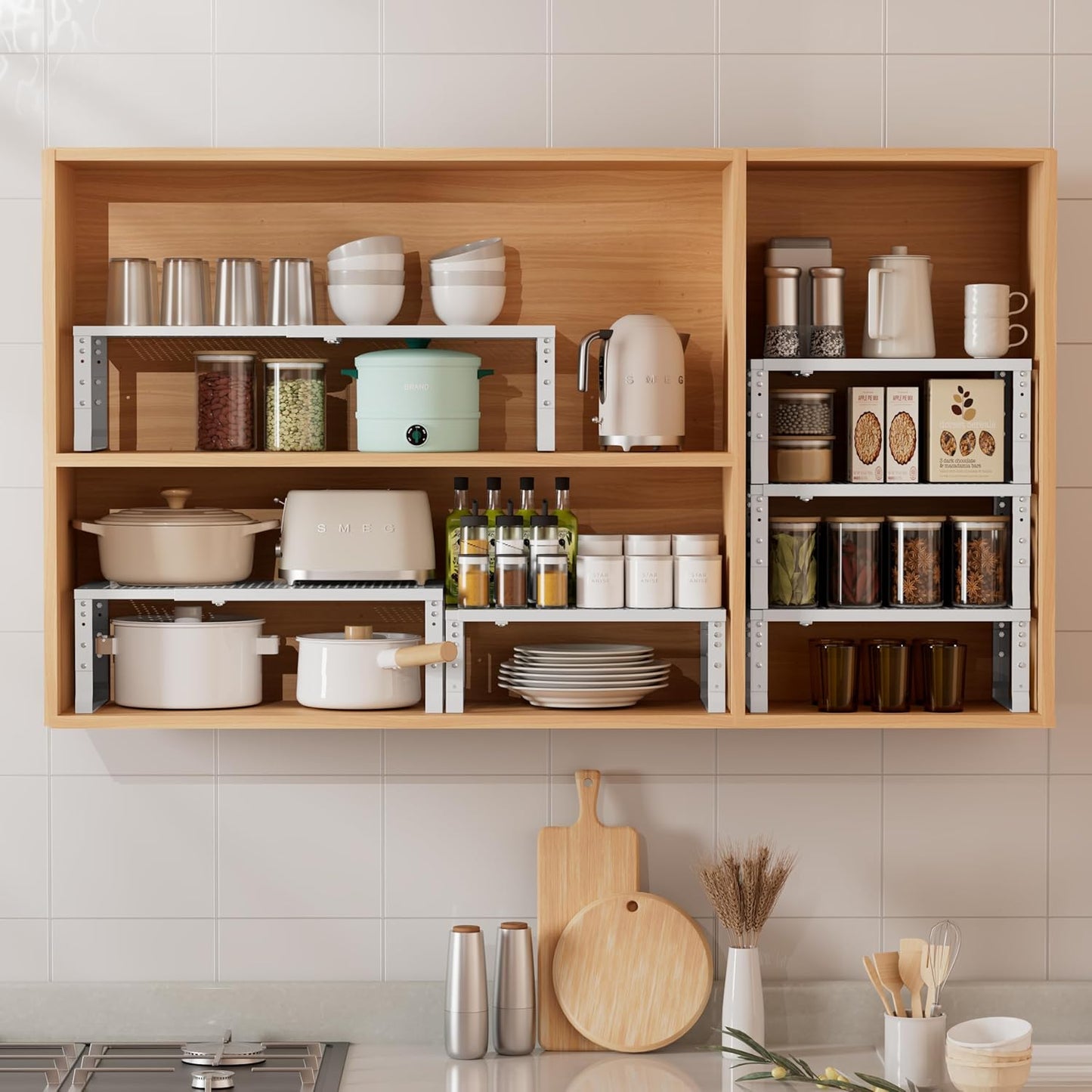 Metal Stackable Expandable Storage Shelf - Multi-Functional Home Storage Shelf, Suitable for Kitchen, Cabinet，Bathroom, Office, Garage, etc.（2PACKS/White/Medium