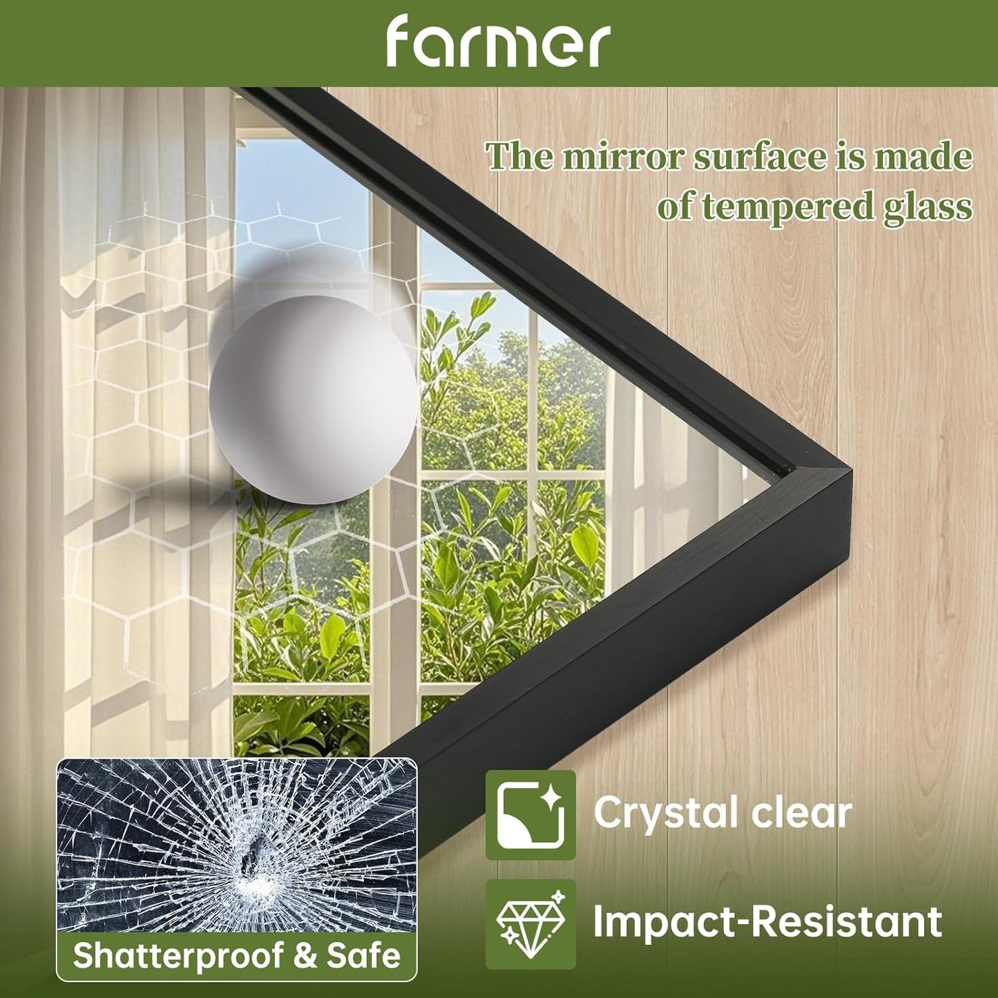 FARMER 22x30 Inch Black Bathroom Mirror, Rectangle Wall Mounted Mirror, Vanity Mirror, Brushed Square Mirror, Framed Bathroom Mirror for Bedrooms, Entryways, Living Rooms, Horizontal/Vertical