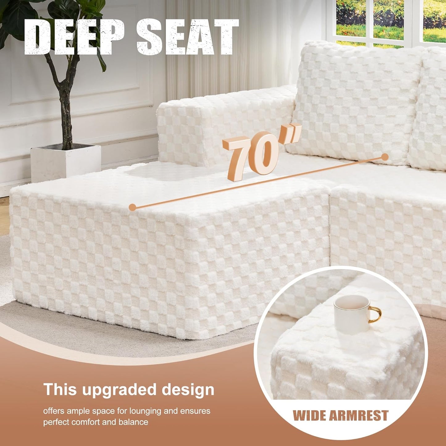 Hobestluk Modular Sectional Sofa Memory Foam Couch Oversized Sectional Sofa 3-Seater with Chaise Cloud Couch with Removable Cover L Shape Sofa for Living Room (Plush White, 3-Seater with Chaise)