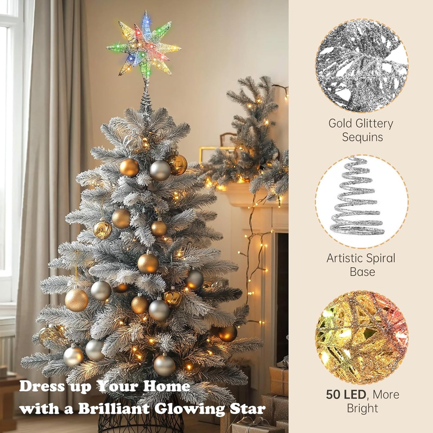 Christmas Tree Topper Star with Colorful 50 LED Lights, Star Tree Topper for Christmas Tree Tradition Moravian Decor, 11X 7.87 Inch with 5m Long Line, Estrella para Arbol De Navidad, Silver