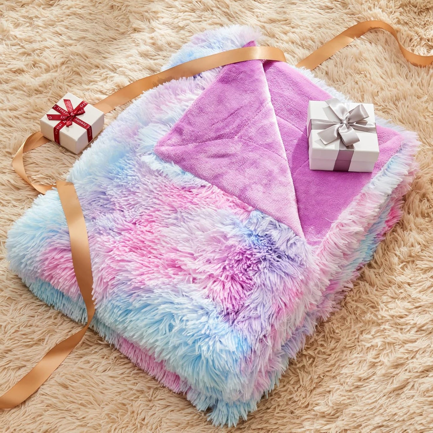GONAAP Fuzzy Faux Fur Throw Blanket Purple Rainbow Super Soft Cozy Plush Fuzzy Shaggy Blanket for Couch Sofa Bed (Purple Rainbow, Throw(50"x60"))