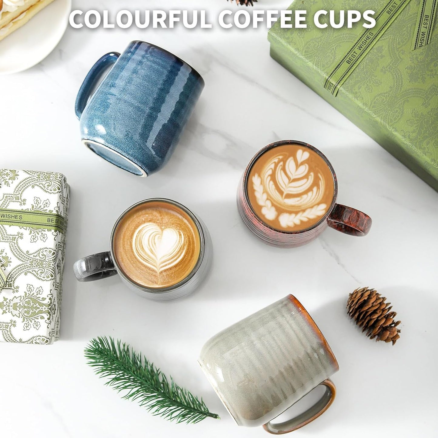 Hasense Coffee Mugs Set of 4, 12 Oz Stoneware Coffee Cups with Large Handle, Colorful Rustic Mug Set for Coffee, Tea, Coco, Latte, Dishwasher and Microwave Safe