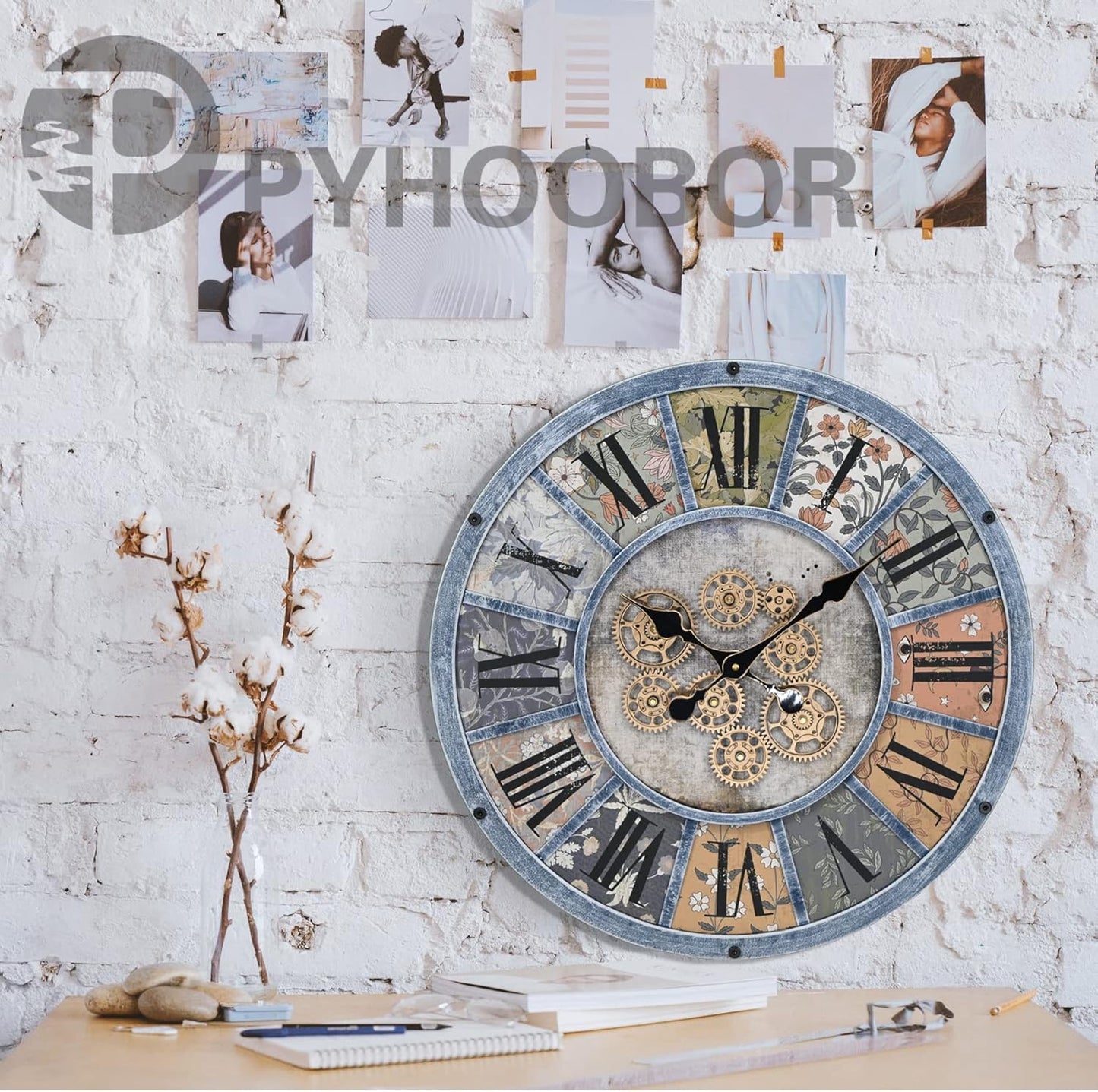 Unique Moving Gear Large Wall Clock - Battery Powered. Retro Industrial Steampunk Country Farmhouse Decor for The Living Room Kitchen Bars cafes and Offices (Blue/Metal/Round)