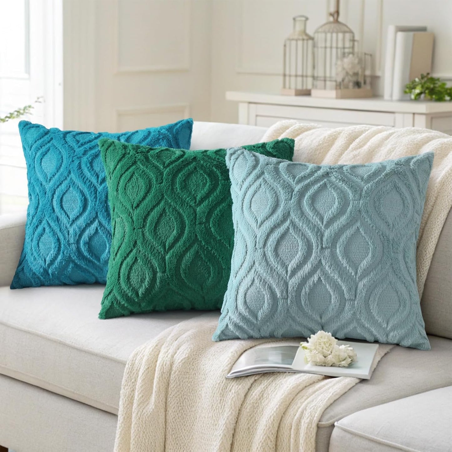 decorUhome Fall Throw Pillow Covers 12x20 Inch Set of 2, Soft Plush Decorative Faux Fur Aqua Solid Couch Pillow Covers, Accent Farmhouse Neutral Lumbar Euro Pillow Cases for Sofa Bed Living Room