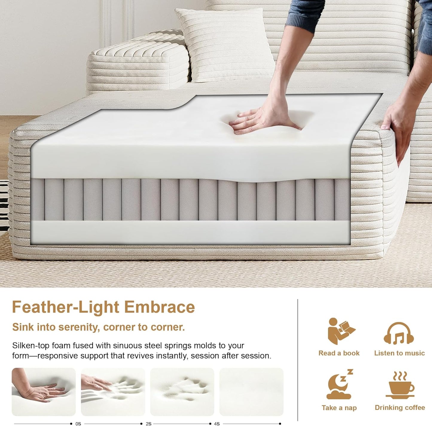 136" Sectional Couches for Living Room Modern Modular Sofa with L-Shape Couchs Upholstered Boneless Couch Deep Seat Sectional Couch with Chaise (White, Left Facing Chaise+3Seaters+Ottoman)