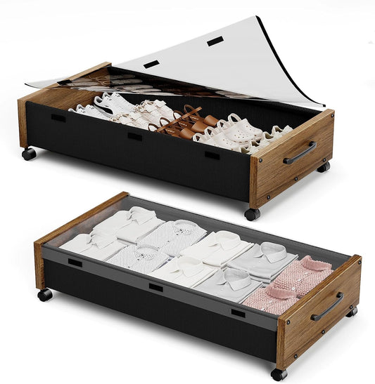 Wooden Under Bed Storage with Wheels, Rolling Under the Bed Storage Bins with Removable Lid, Metal Under Bed Drawers for Clothes and Shoes in Bedroom or Living Room(Walnut Brown-2pack)