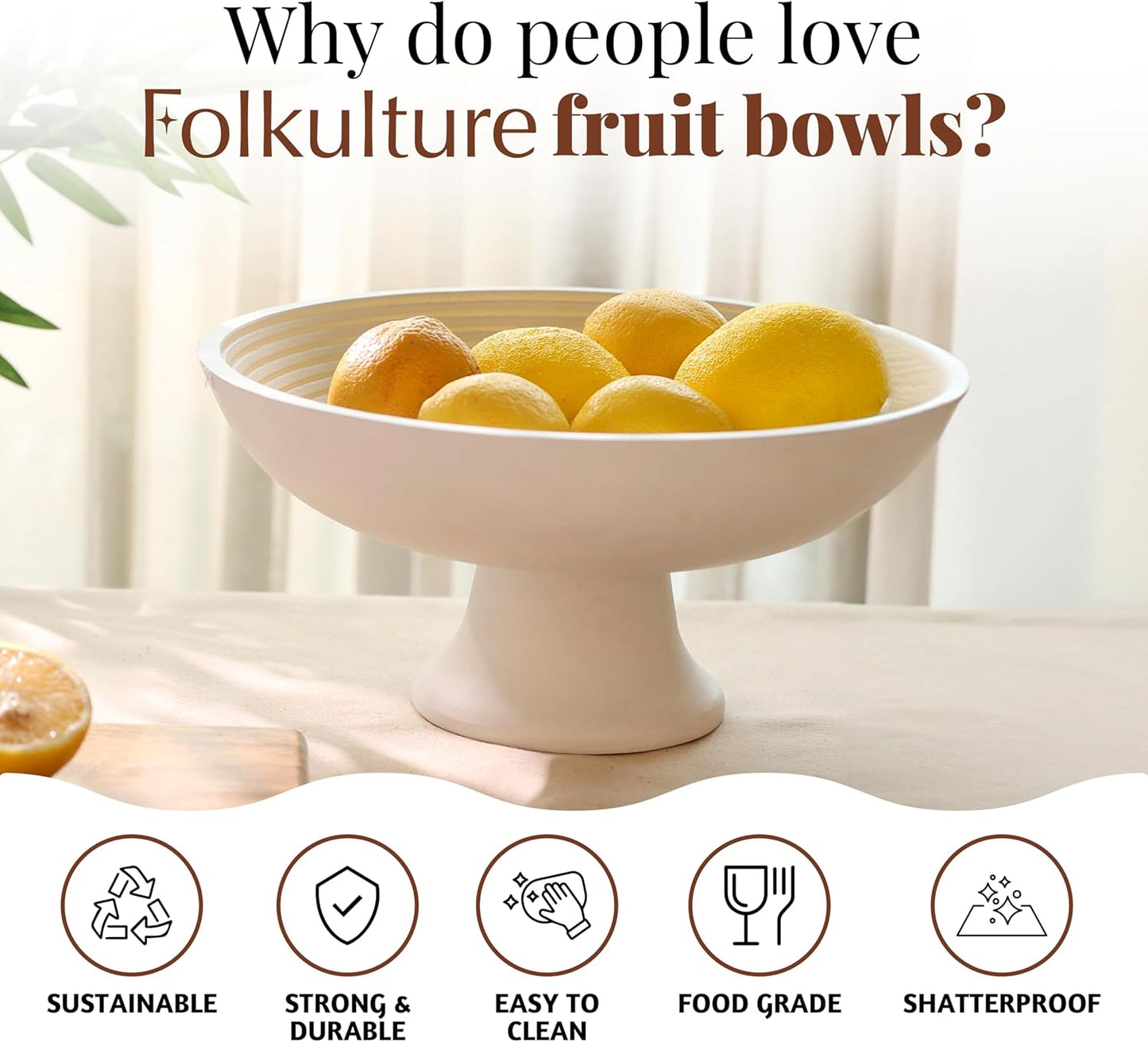Folkulture Wooden Fruit Bowl for Kitchen Counter | 12" Large Premium Eco Friendly Banana Fruit Basket for Kitchen | White Wood Bowl with Holder, Pedestal for Table Decor, Centerpiece for Dining Table