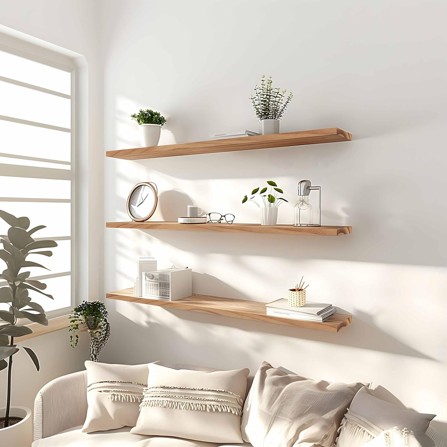 36 Inch Floating Shelves for Wall Rustic Light Wood Wall Shelves for Bedroom Set of 4