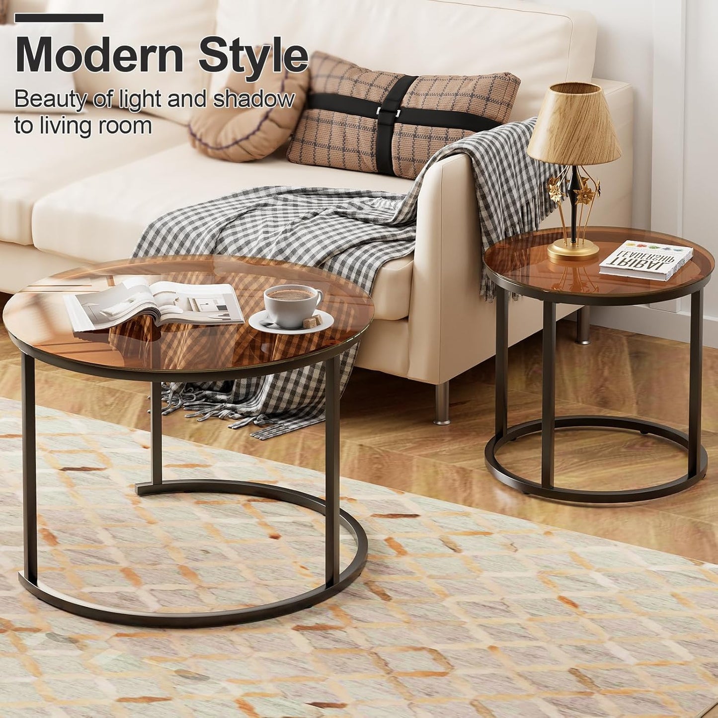 aboxoo Nesting Coffee Table Set of 2, Small Round Glass Nesting Tables for Living Room Bedroom, Accent Tea Table with Metal Frame Modern Industrial Simple