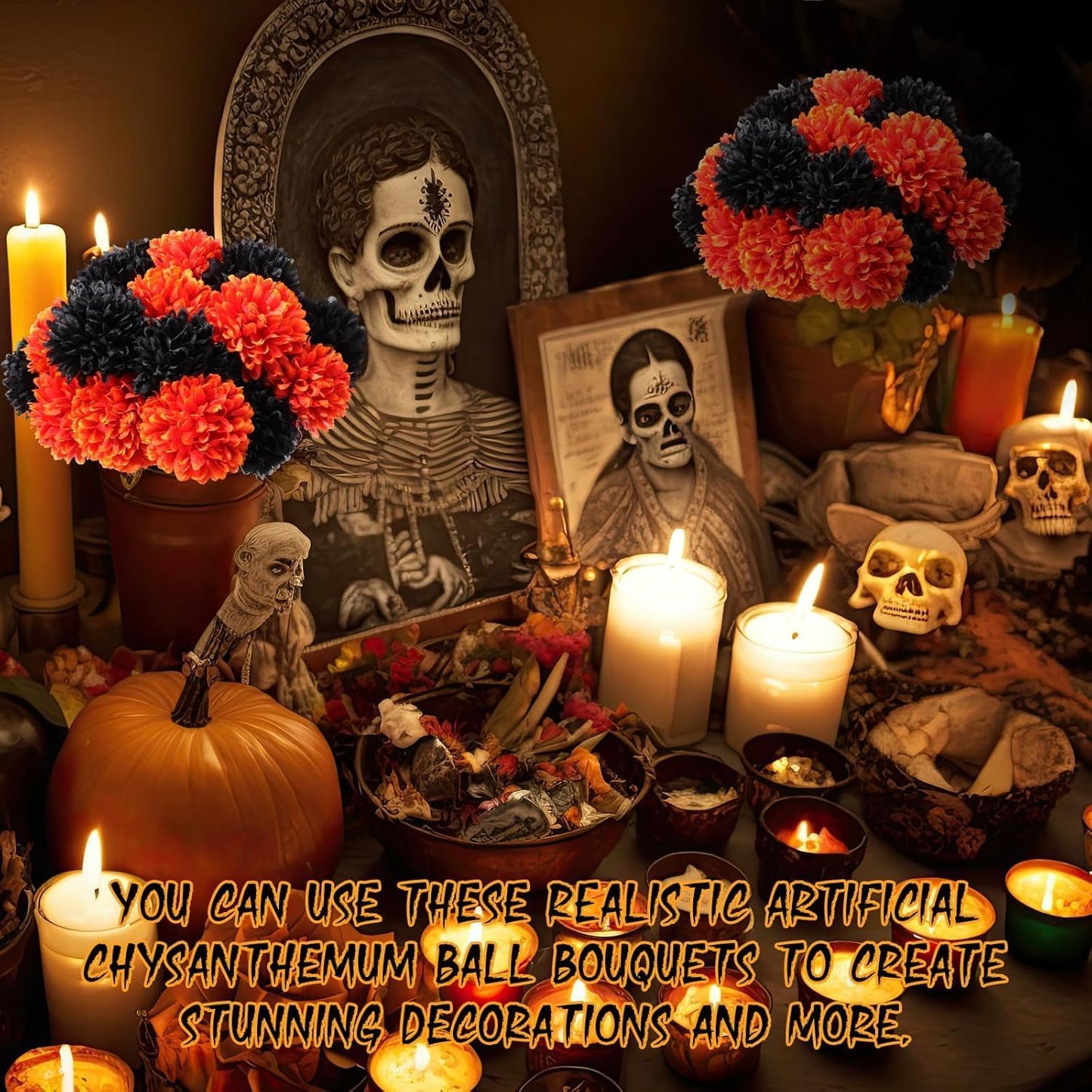 Kimura's Cabin 20Pcs Faux Mums Flowers Fake Chrysanthemum Artificial Silk Ball Flowers for Halloween Garden Home Kitchen Table DIY Decoration Center Fall Bouquets (Orange Black)