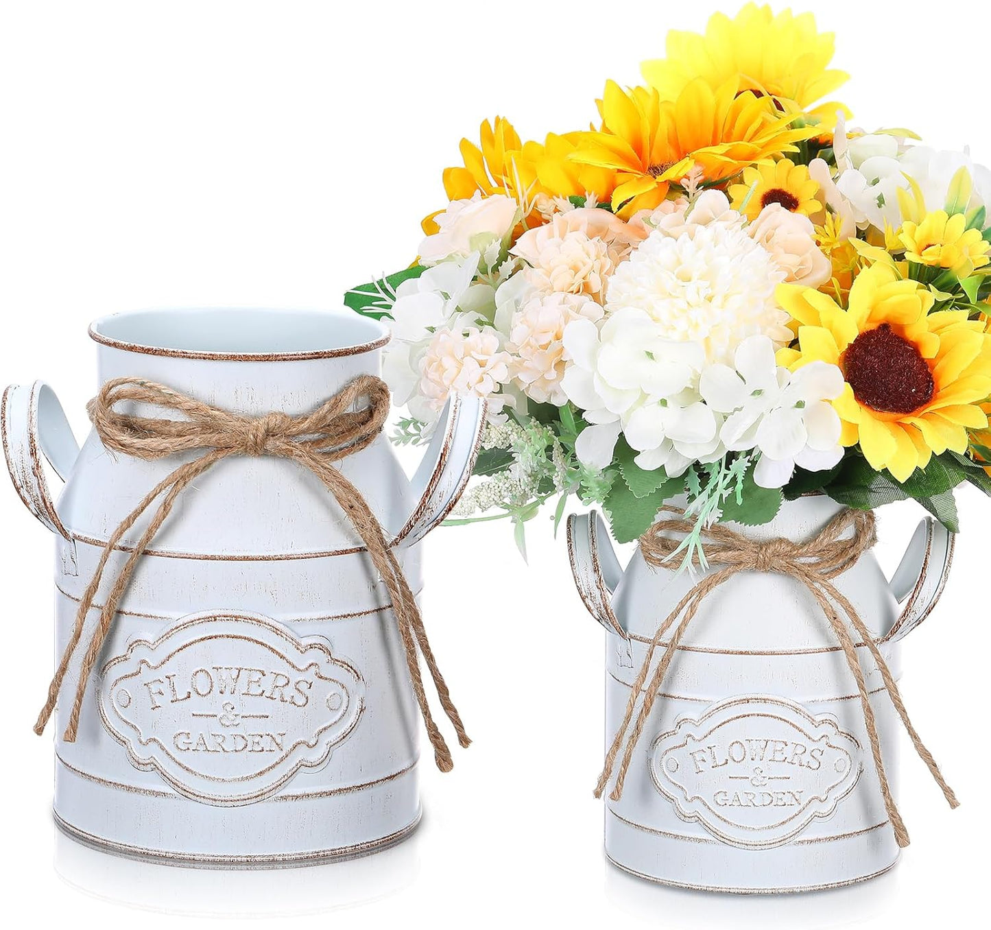 6 Inch Farmhouse Vase Decor Milk Can Vintage Flower Jug Galvanized Metal Vase with Handle Rustic Flower Buckets for Thanksgiving Christmas Table Centerpiece Weddings Gifts(Retro White,2 Pcs)