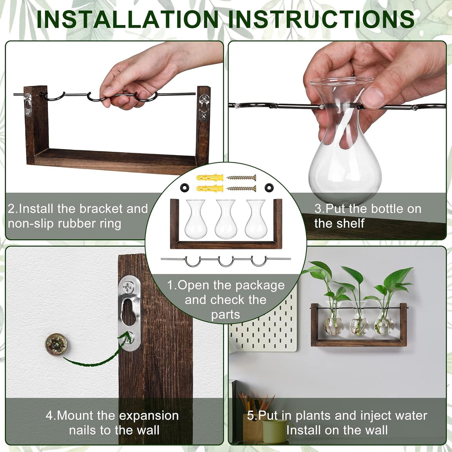 YIBOT Wall Hanging Planter Propagation Station, Plant Terrarium with Wooden Stand, Hydroponics Plants Home Office Living Room Decor Gift-3 Bulb Glass Vases