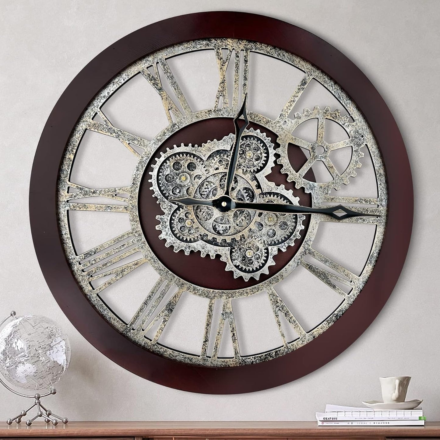 HOIBAI Wall Clock, Clocks for Living Room Decor 20 Inch Big Moving Gears Clock Farmhouse Vintage Rustic Wall Clock Vintage Roman Oversized for Home Bedroom House Kitchen Wall Decor