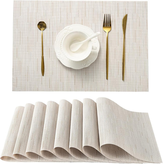 Leetaltree Pale Beige Placemats Set of 8 - Heat Resistant Non-Slip Place mats for Dining Table, Washable Durable PVC Vinyl Woven Table Mats（Pale Beige, 8）