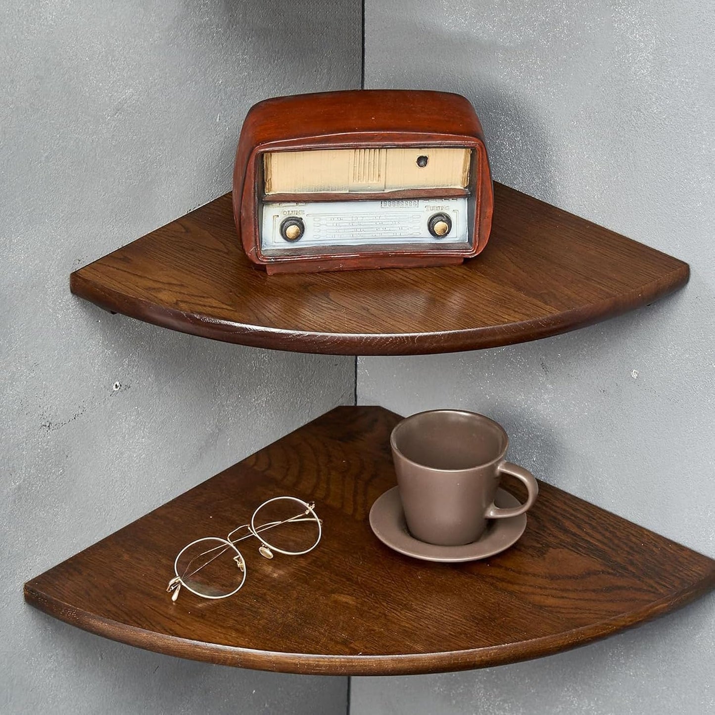 Corner Shelves, Floating Corner Shelf, Set of 2 12inch Solid Oak Wood Corner Wall Shelves, Round End with Wire Hole for Small Plant for Bedroom Kitchen, Living Room